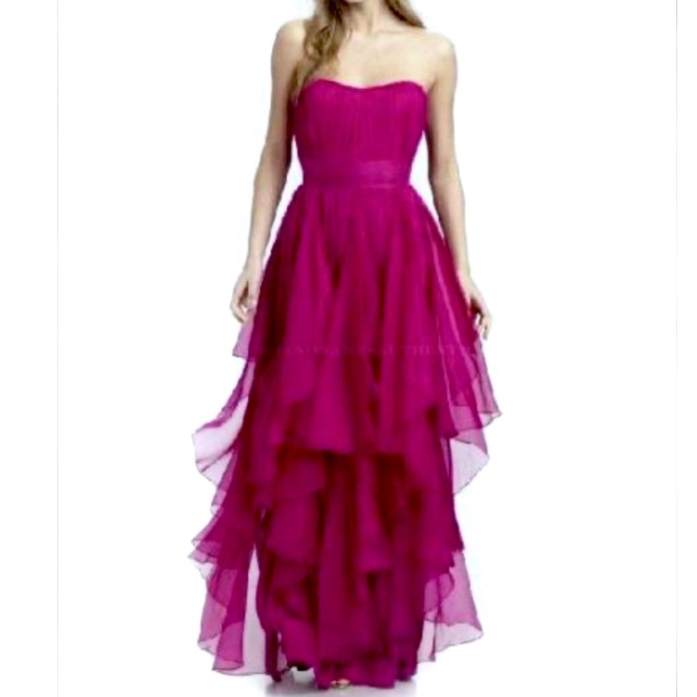 Marchesa Notte Silk Organza Raspberry Ruffle Tiered Maxi Gown